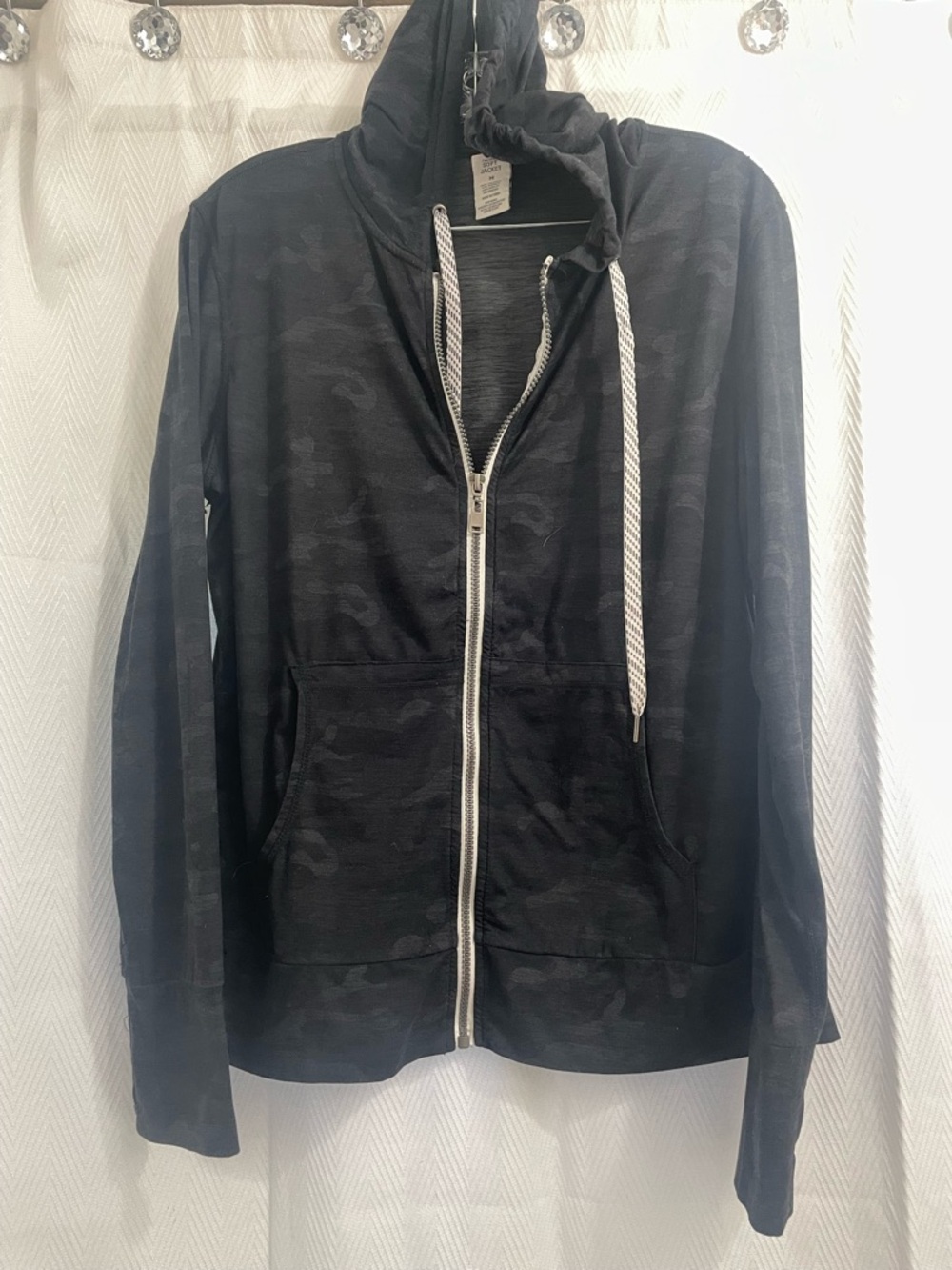 Black Camouflage Zip Hoodie with Contrast Drawstrings